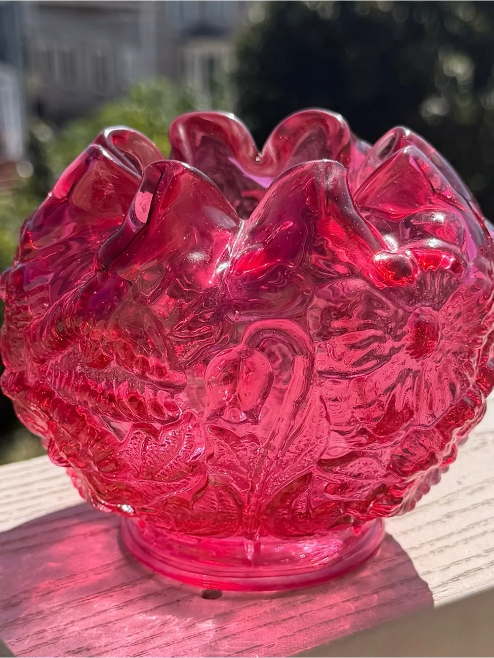 Fenton 1970s Cranberry Rose Poppy Embossed Flowers Crimped Top Rose Bowl Vase